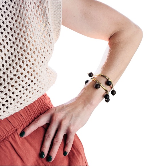 New KATE SPADE Second Nature Bracelet Cuff Wood Beads Gold Set of Two - Picture 11 of 11